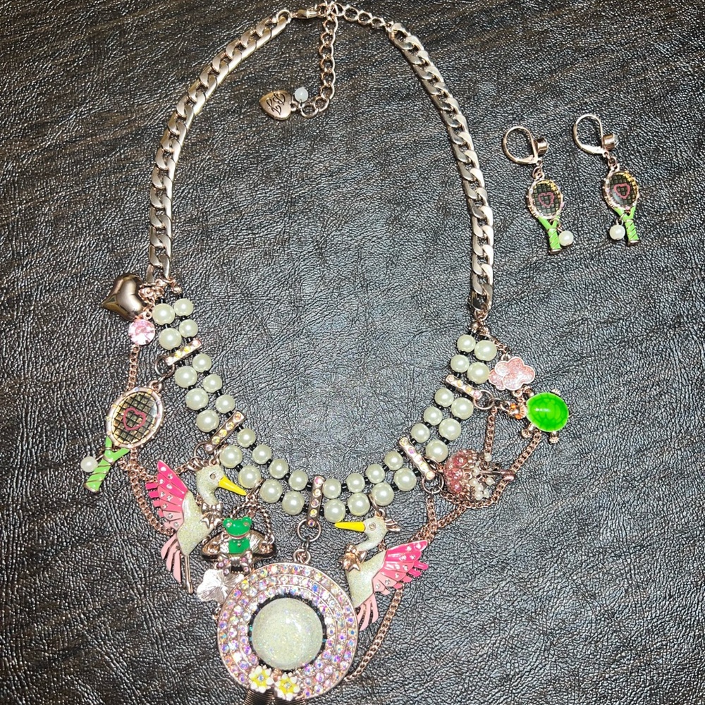 Betsey Johnson Walk in The Park Statement Necklace and Earring Set Rose Gold HTF